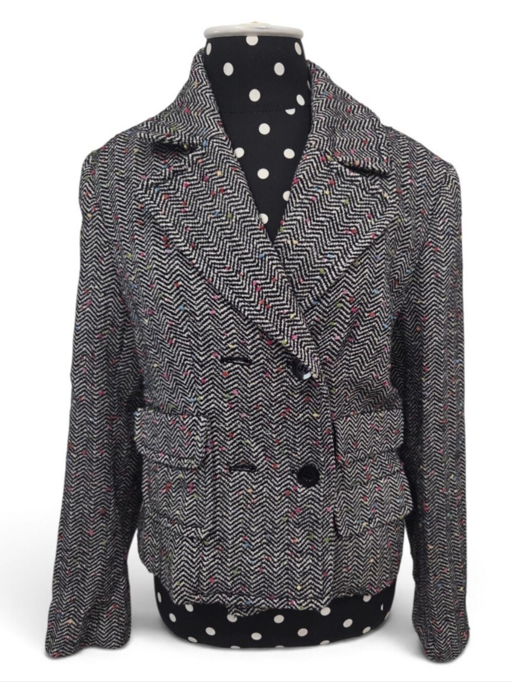 WORTH Vintage Women's Wool Herringbone Tweed Blazer with Pink Accent Size 8
